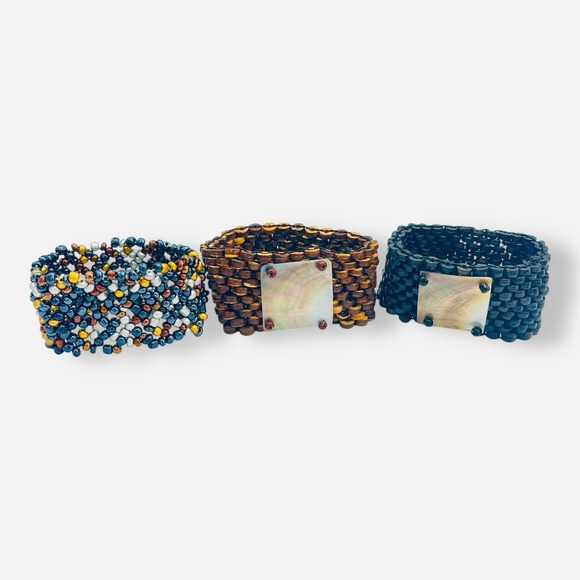 Abalone Shell Beaded Stretch Bracelet Set Of 3 Black Brown Blue Gold - Picture 1 of 7